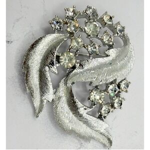 Vintage Silver Tone Rhinestone Leaf Brooch 2" Mid Century Glam